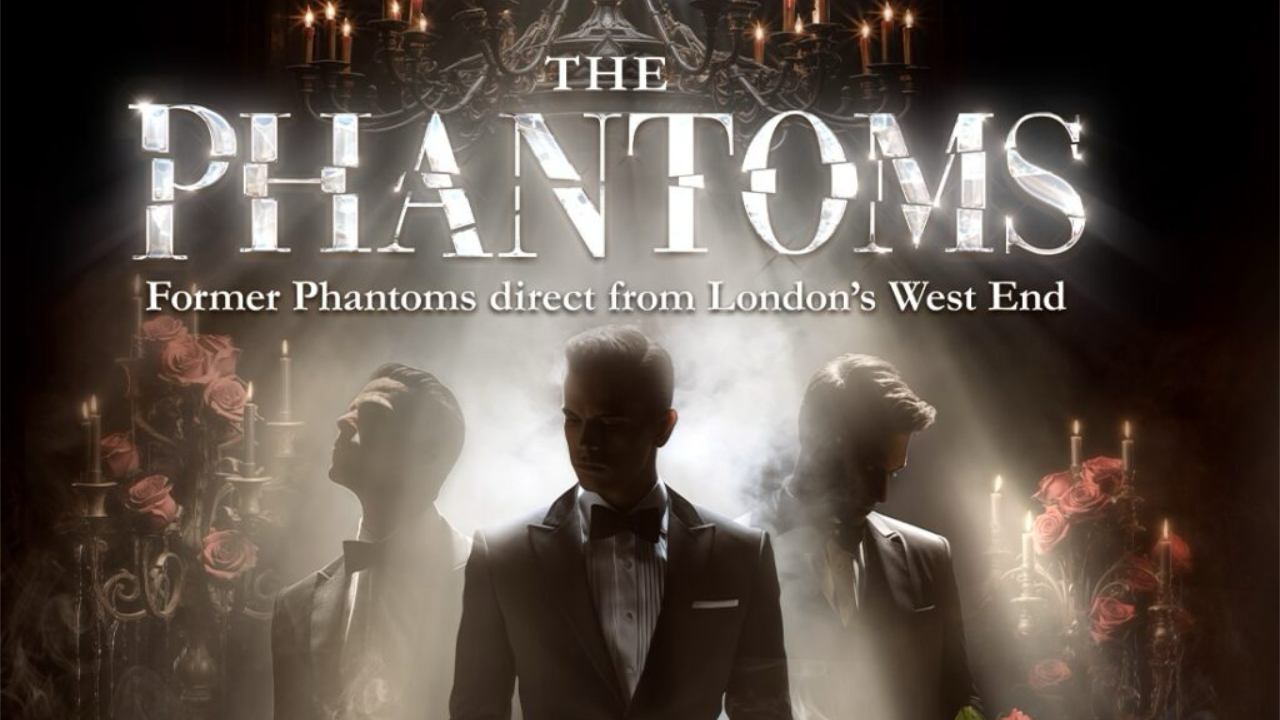 Promotional poster for the tour of The Phantoms, featuring three suited singers in shadow