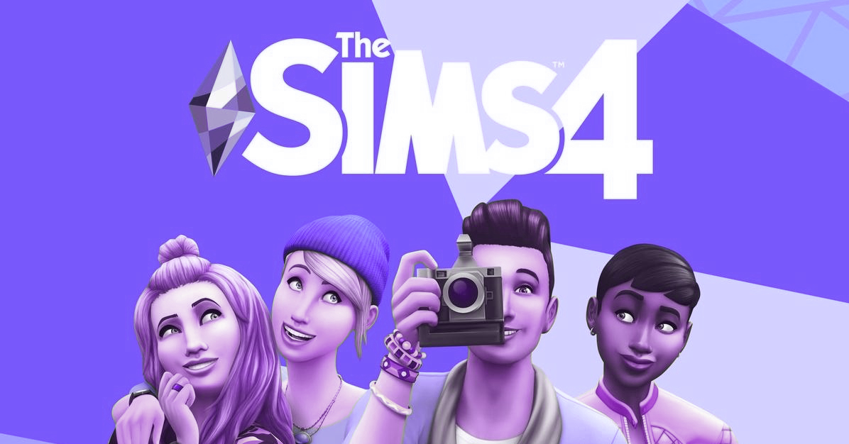 A marketing poster for The Sims 4, with the title of the game and four Sim characters underneath, the middle one holding up a camera as if taking a picture of us