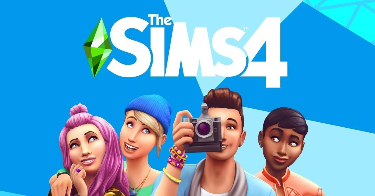 A marketing poster for The Sims 4, with the title of the game and four Sim characters underneath, the middle one holding up a camera as if taking a picture of us