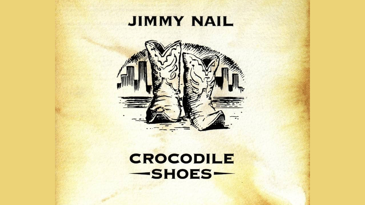 The cover art for Crocodile Shoes, featuring a yellow aged background, black text reading Crocodile Shoes and a sketch drawing of a pair of cowboy boots
