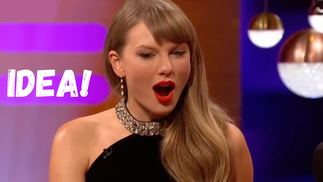 A still of Taylor Swift on the Graham Norton Show paused at the exact moment she had the idea for her new Opalite music video