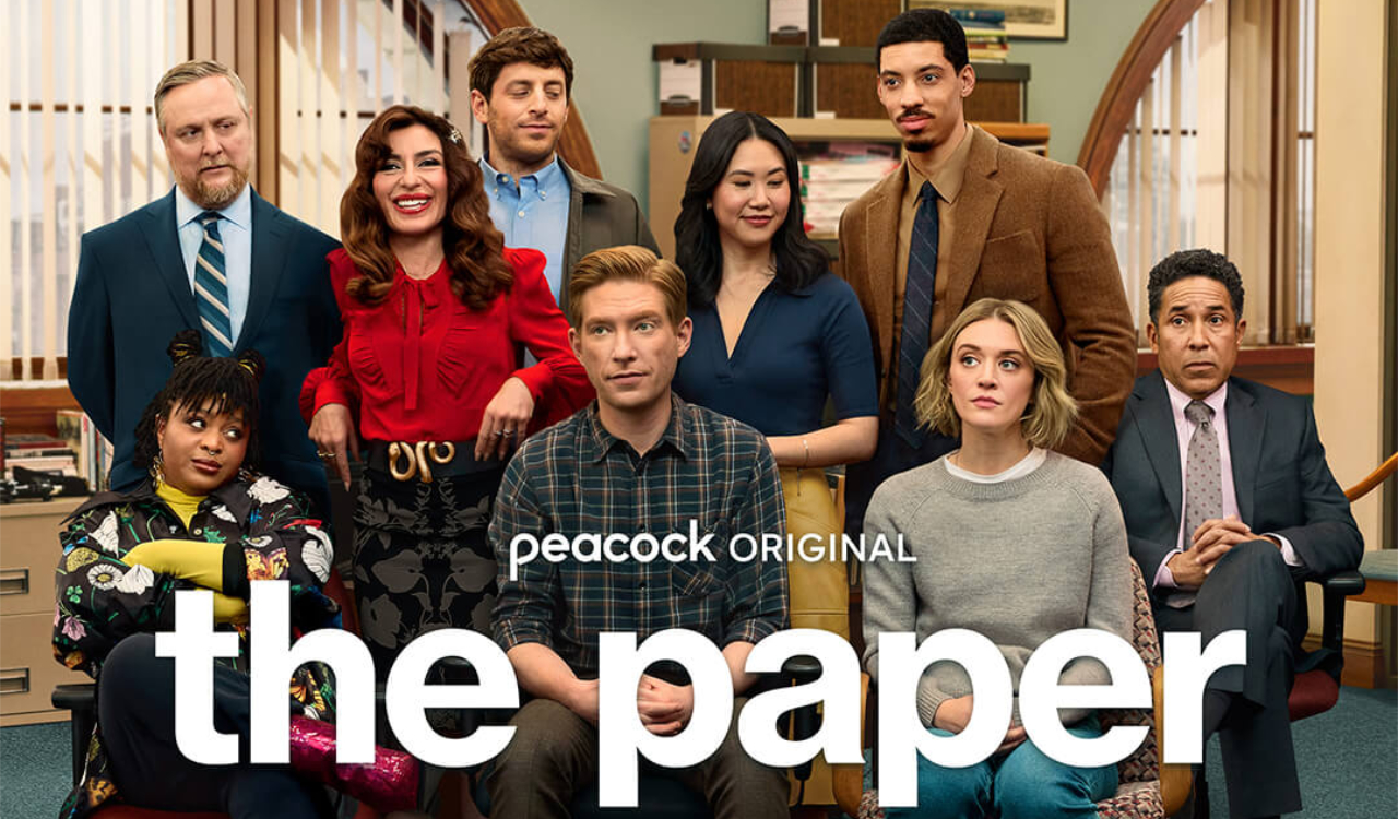 The marketing poster for The Paper, a Peacock original series spin-off from The Office, featuring Domhnall Gleeson and a full cast